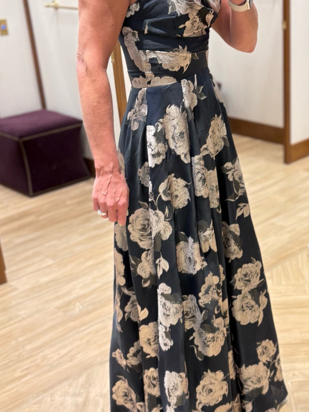 Betsy & Adam Navy Strapless Floral Satin Gown with Silver Roses